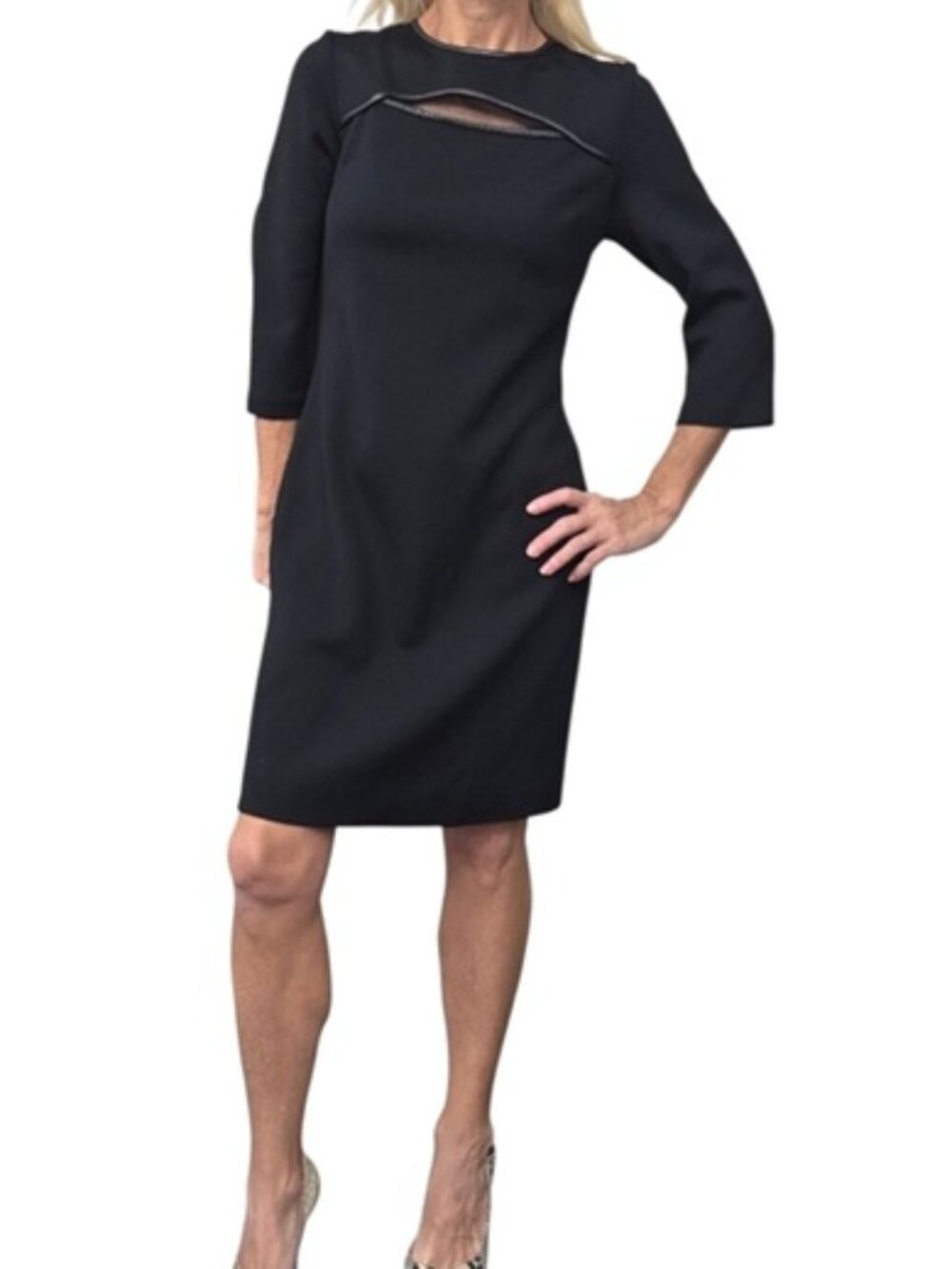 St. John Black Wool Knit Sheath Dress 6 Leather Mesh Cutout